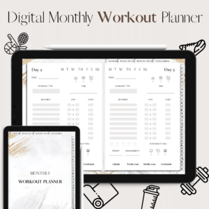 Monthly Workout Planner & Tracker | Digital Planning | White & Gold