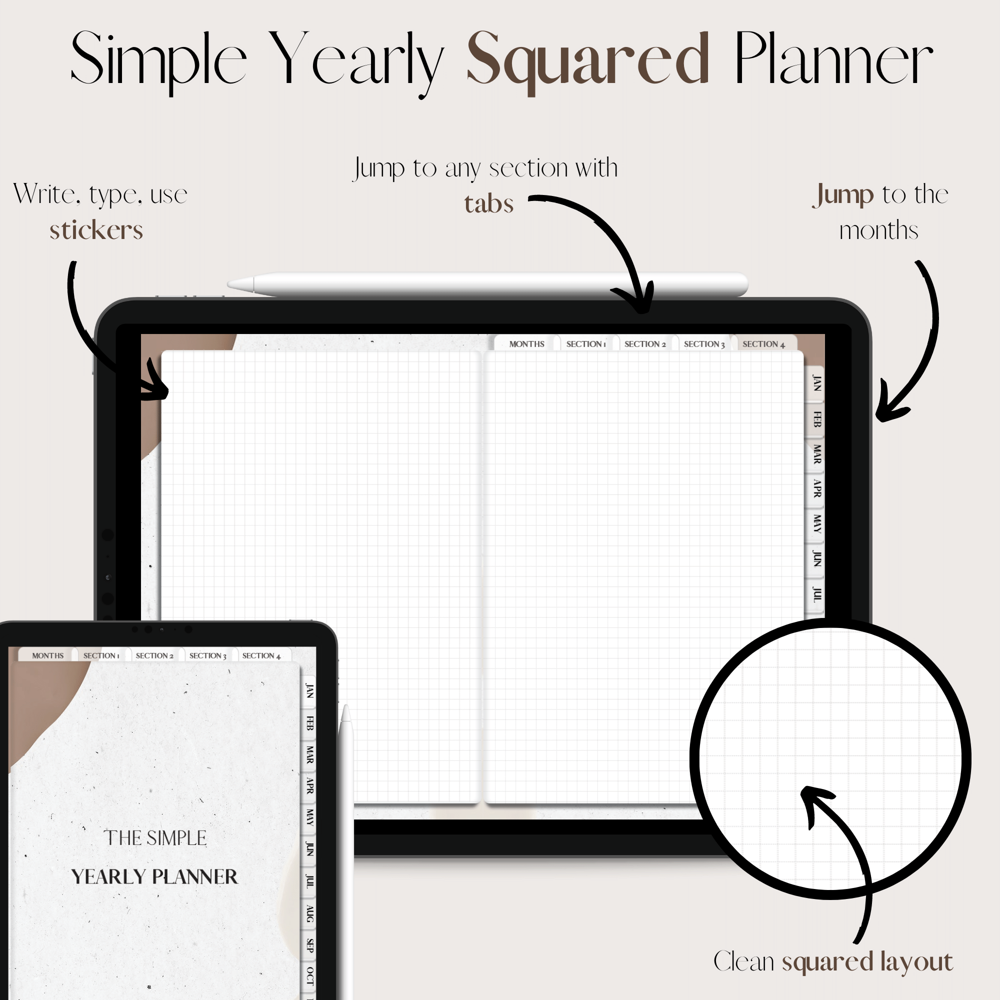 The Simple Yearly Planner In Beige and Brown | Squared | Large Squares ...