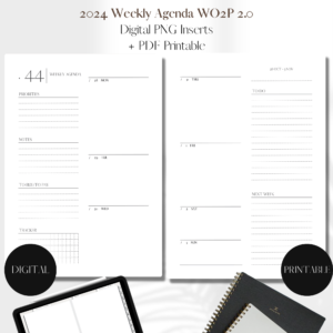 2024 Horizontal Agenda Week On 2 Pages + Month Overview + Yearly Calendar | PNG Digital + PDF Printable Planner Insert | Set 1