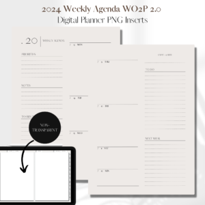 2024 Horizontal Agenda Week On 2 Pages + Month Overview + Yearly Calendar | Digital Planner PNG Inserts | Beige Non-Transparent 1