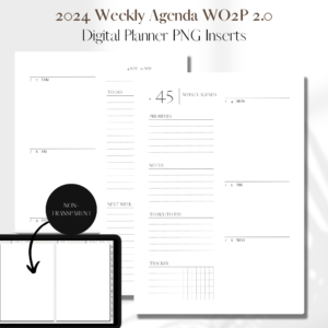 2024 Horizontal Agenda Week On 2 Pages + Month Overview + Yearly Calendar | Digital Planner PNG Inserts | White Non-Transparent 1