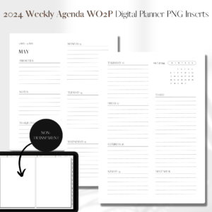 2024 Horizontal Agenda Week On 2 Pages | Digital Planner PNG Inserts | White Non-Transparent 1