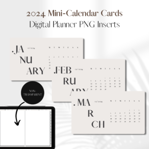 2024 Mini-Calendar Cards BOLD Style | Digital Planner PNG Inserts | Beige Non-Transparent 1