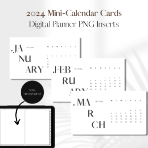 2024 Mini-Calendar Cards BOLD Style | Digital Planner PNG Inserts | White Non-Transparent 1