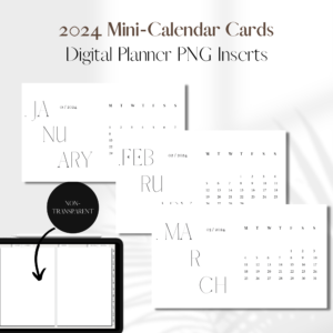 2024 Mini-Calendar Cards THIN Style | Digital Planner PNG Inserts | White Non-Transparent 1
