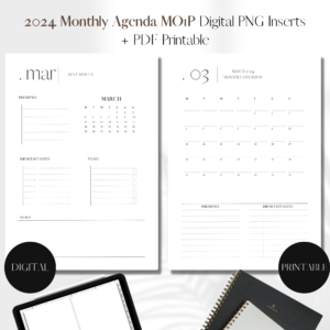 2024 Month on 1 page DATED | PNG Digital + PDF Printable Planner Insert | Set 1