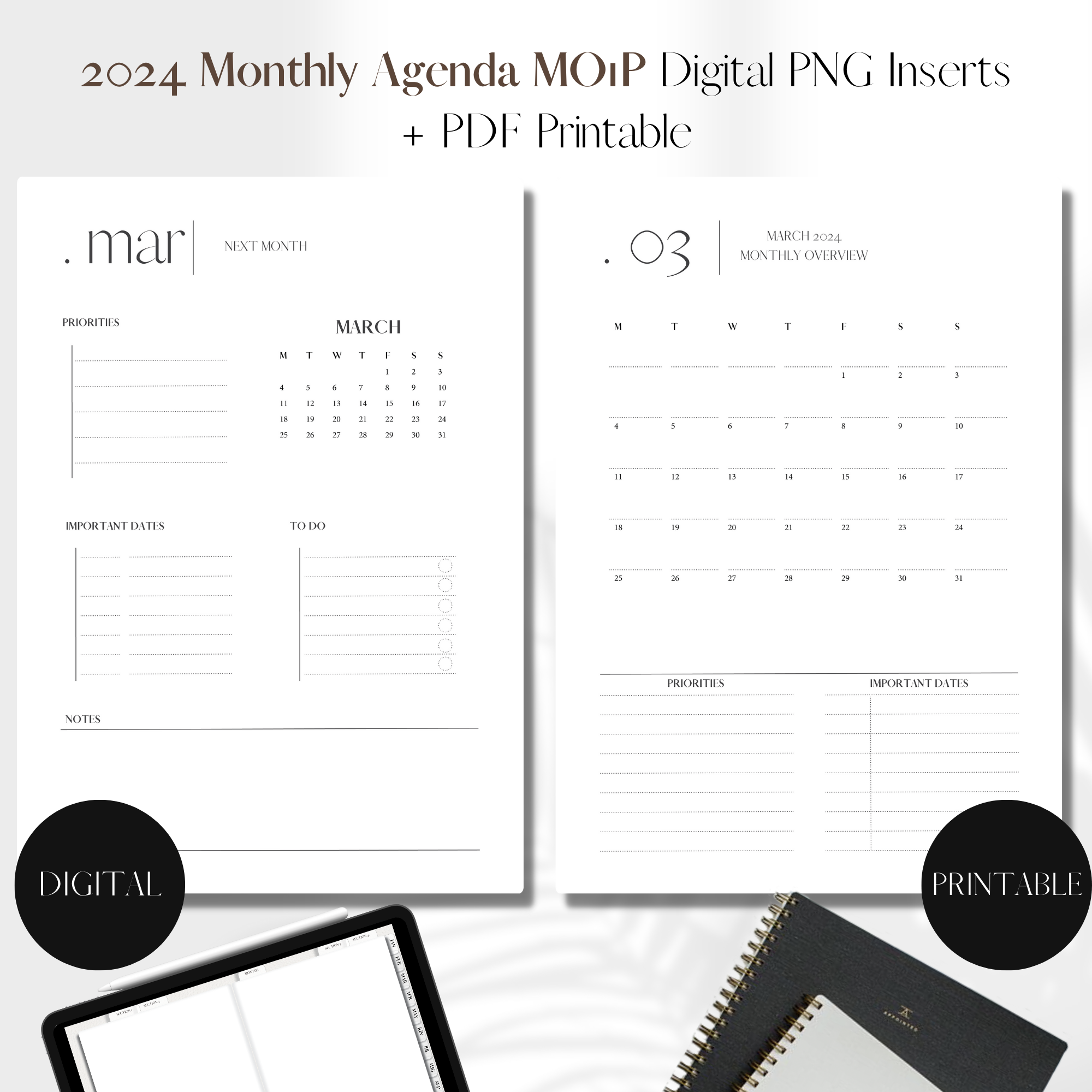 2024 Month on 1 page DATED | PNG Digital + PDF Printable Planner Insert ...