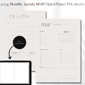 2024 Month on 1 page DATED | Digital Planner PNG Inserts | Beige Non-Transparent 1