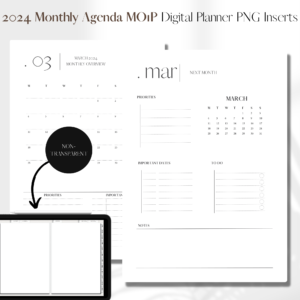 2024 Month on 1 page DATED | Digital Planner PNG Inserts | White Non-Transparent 1
