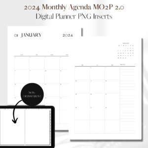 2024 Month On 2 Pages DATED | Digital Planner PNG Inserts | White Non-Transparent 1
