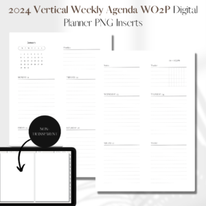 2024 Vertical Weekly Agenda DATED | Digital Planner PNG Inserts | White Non-Transparent 1