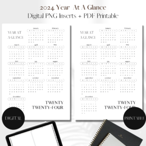 2024 Year At A Glance V1 | PNG Digital + PDF Printable Planner Insert | Set 1