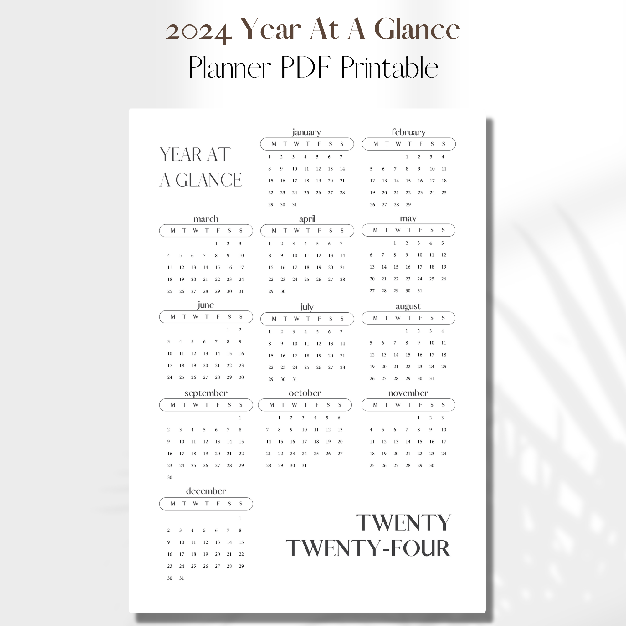 2024 Year At A Glance V1 | PDF Printable Planner Insert | A5 - BlancPlanner