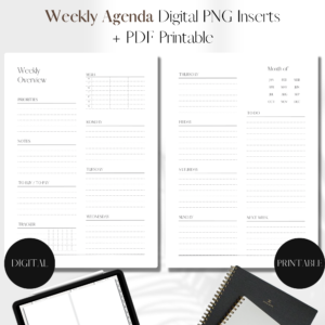 Horizontal Weekly Agenda + Meal Plan UNDATED | PNG Digital + PDF Printable Planner Insert | Set 1