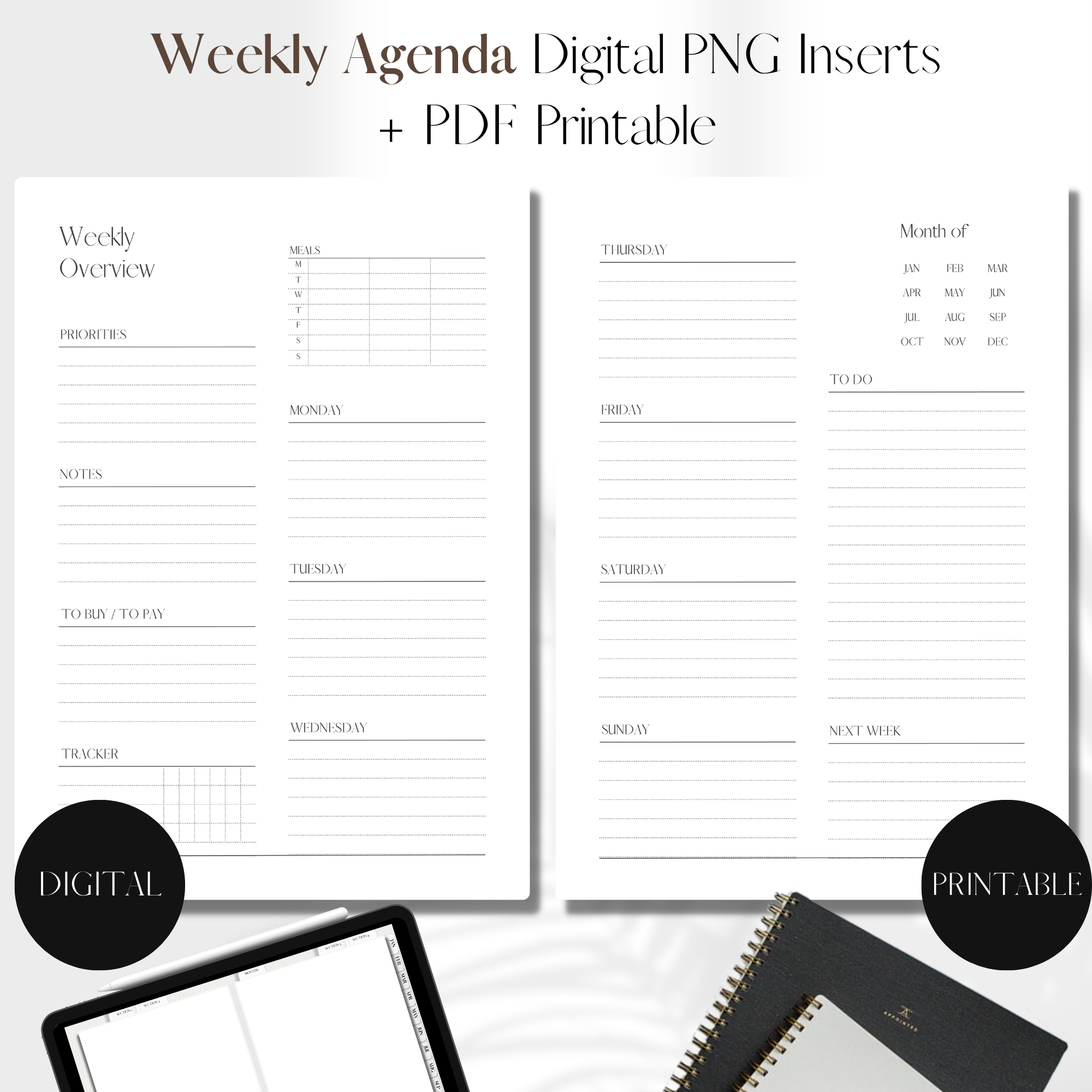 Horizontal Weekly Agenda + Meal Plan UNDATED | PNG Digital + PDF ...