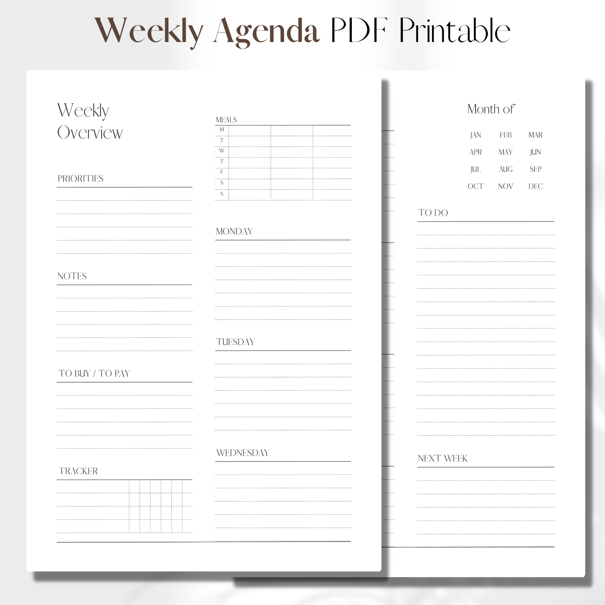 Horizontal Weekly Agenda + Meal Plan UNDATED | PDF Printable Planner ...