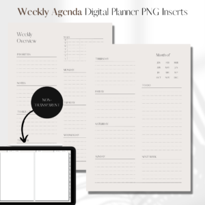 Horizontal Weekly Agenda + Meal Plan UNDATED | Digital Planner PNG Inserts | Beige Non-Transparent 1
