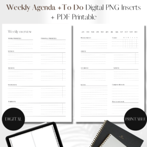 Horizontal Weekly Agenda + TO DO UNDATED | PNG Digital + PDF Printable Planner Insert | Set 1