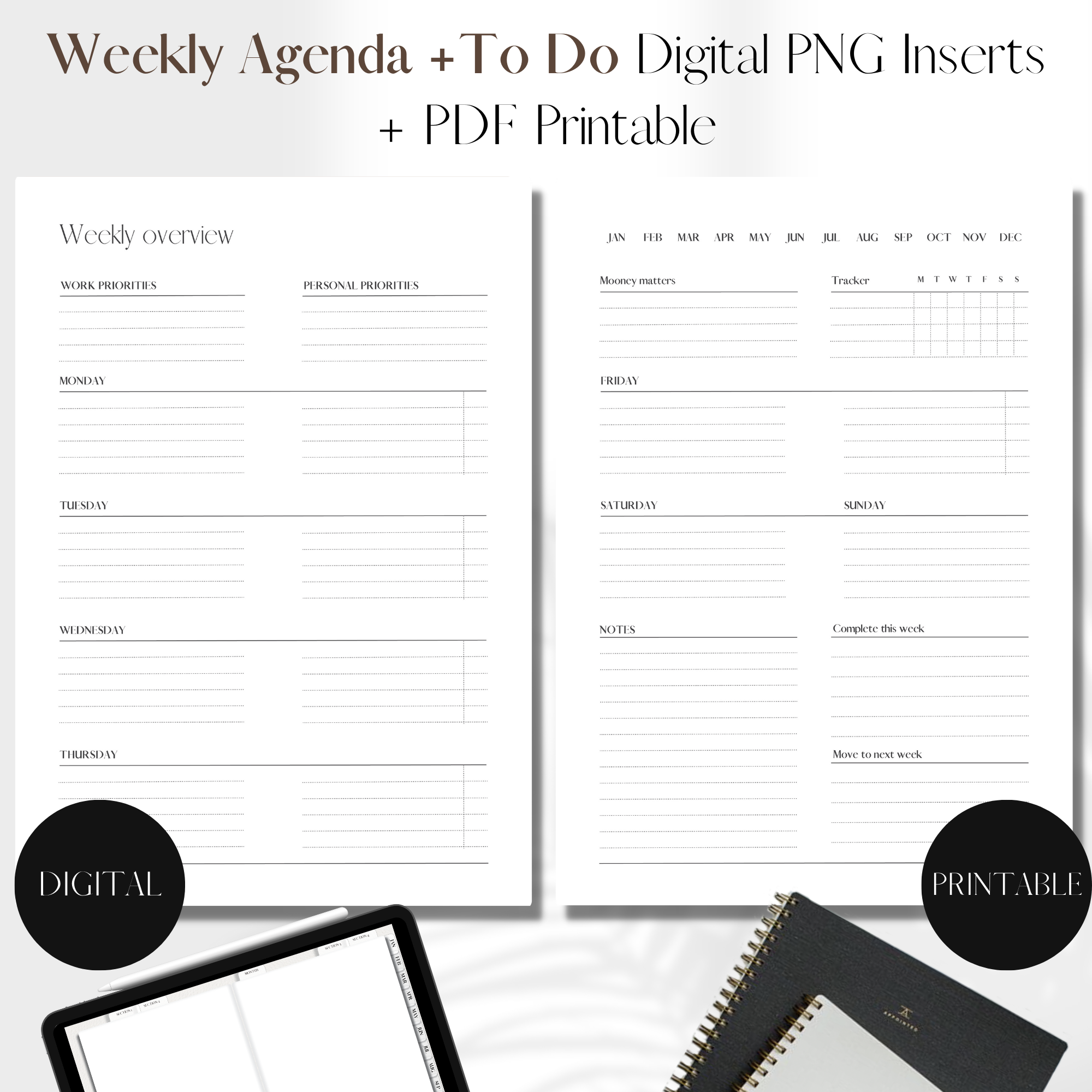 Horizontal Weekly Agenda + TO DO UNDATED | PNG Digital + PDF Printable ...