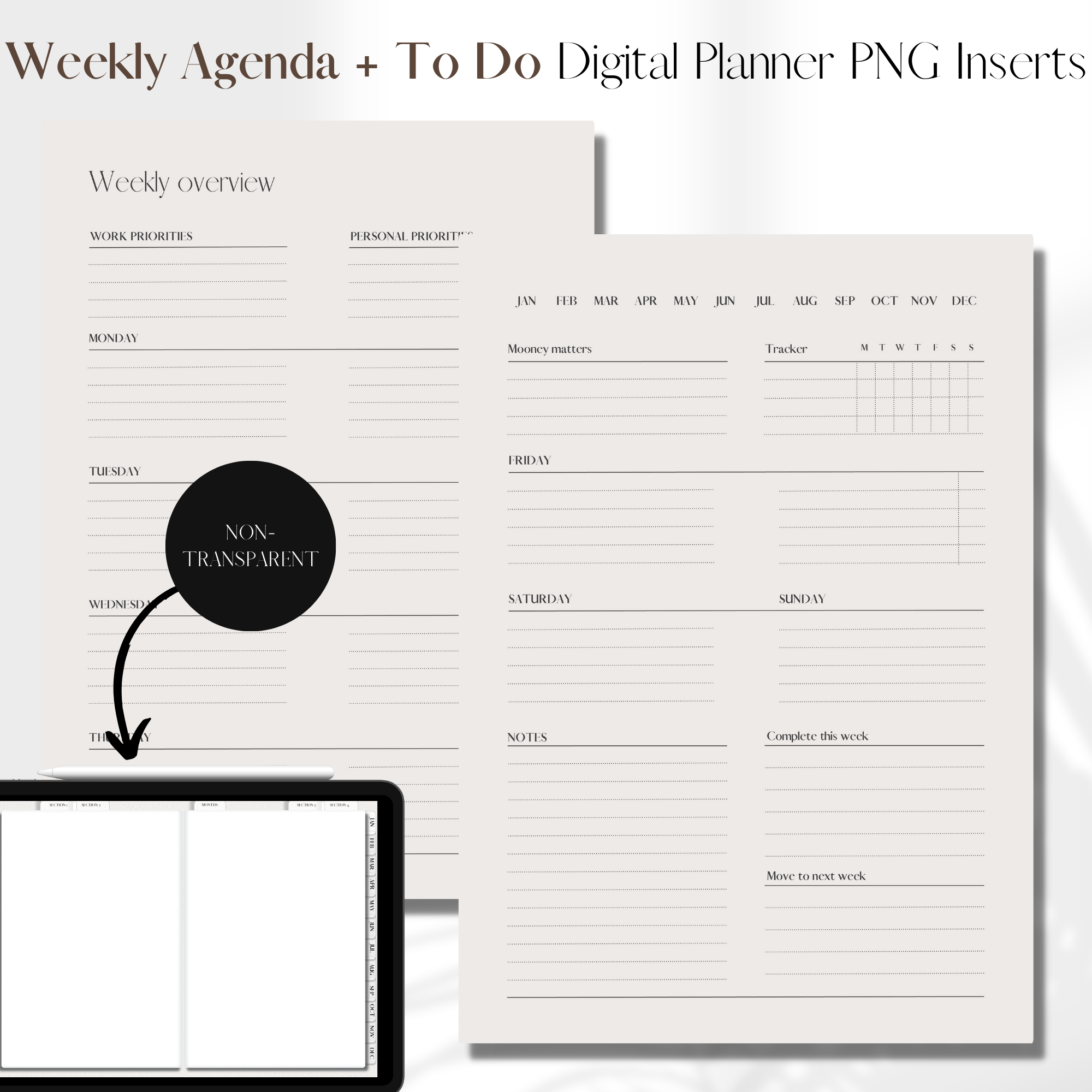 Horizontal Weekly Agenda + TO DO UNDATED | Digital Planner PNG Inserts ...