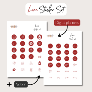 Love | HAND DRAWN Digital Stickers Set | Digital Planning + Notion | RED