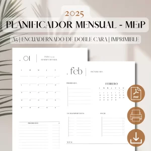 Planificador Mensual Imprimible FECHADO 2025 | Mes en 1 Página | Inserto de Planificador PDF Imprimible | Mes de un vistazo | Planificador Minimalista | A5