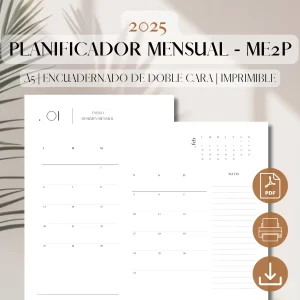 Planificador Mensual Imprimible FECHADO 2025 | Mes en 2 Páginas | Inserto de Planificador Imprimible PDF | Mes a la Vista | Planificador Minimalista | A5