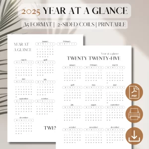 2025 Year At A Glance Dashboards | PDF Printable Planner Insert | 2025 Printable Calendar | Year Overview | Year At A Glance | A5