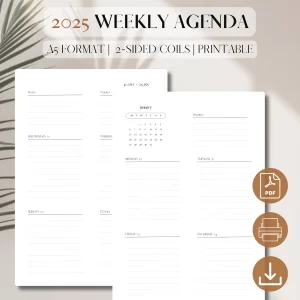 2025 Vertical Weekly Agenda On 2 Pages | PDF Printable Planner Insert | Weekly Planner | Weekly Tasks | Minimalist Planner | A5
