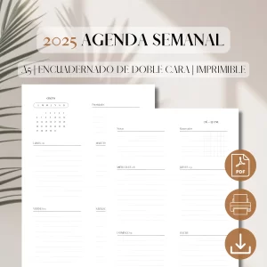 Agenda Semanal Vertical 2025 en 2 Páginas | Inserto de Planificador Imprimible en PDF | Planificador Semanal | Tareas Semanales | Planificador Minimalista | A5