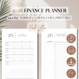 2026 Finance Planner & Tracker Printable | PDF Printable Planner Insert | Budget Planner | Expense Tracker | Minimalist Planner | Half-Letter format: 5.5 x 8.5 inches (13.97 x 21.59 cm)_1