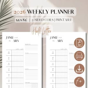 2026 Horizontal Weekly Agenda On 1 Page | PDF Printable Planner Insert | Weekly Planner | Weekly Priorities | Minimalist Planner | Half Letter, 5.5 x 8.5 inches (13.97 x 21.59 cm) - Checked Weekdays_1