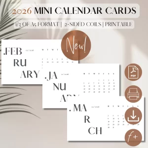 2026 Mini Calendar Cards - Bold | Calendar Dashboards | Printable Planner Insert | 2026 Printable Calendar | Printable Supplies | 1/3 of A5 format_1