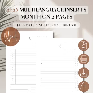 2026 Month On 2 Pages Multilanguage Planner Refills | PDF Printable Inserts | Multilingual Planner | Monthly Organiser | Filofax, GTD, HP, iPad Compatible Refills | A5 5.8 x 8.3”_1