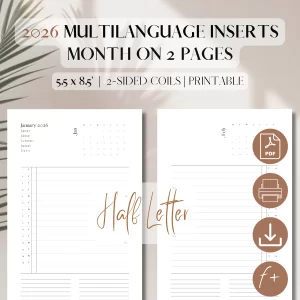 2026 Month On 2 Pages Multilanguage Planner Refills | PDF Printable Inserts | Multilingual Planner | Monthly Organiser | Filofax, GTD, HP, iPad Compatible Refills | Half Letter 5.5 x 8.5”_1