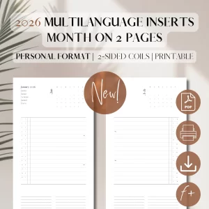 2026 Month On 2 Pages Multilanguage Planner Refills | PDF Printable Inserts | Multilingual Planner | Monthly Organiser | Filofax, GTD, HP, iPad Compatible Refills | Personal 3.7 x 6.7”_1