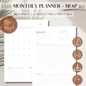 2026 Monthly Planner Printable DATED | Month On 1 Page 2.0 | PDF Printable Planner Insert | Month at a glance | Minimalist Planner | A5, 5.5 x 8.5”_1