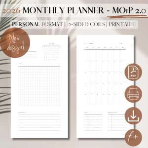 2026 Monthly Planner Printable DATED | Month On 1 Page 2.0 | PDF Printable Planner Insert | Month at a glance | Minimalist Planner | Personal, 3.7 x 6.7 inches (9.5 x 17 cm)_1