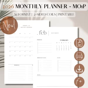 2026 Monthly Planner Printable DATED | Month On 1 Page | PDF Printable Planner Insert | Month at a glance | Minimalist Planner | A5, 5.8 × 8.3 inches (14.8 × 21 cm)_1