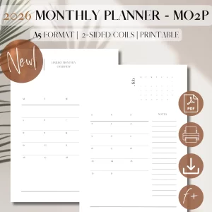 2026 Monthly Planner Printable DATED | Month On 2 Pages | PDF Printable Planner Insert | Month at a glance | Minimalist Planner | A5, 5.5 x 8.5”_1