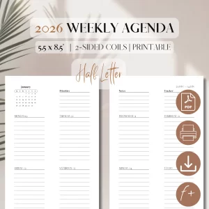 2026 Dated Vertical Weekly Agenda On 2 Pages | PDF Printable Planner Refill | Weekly Layout | Weekly Tasks | Week At A Glance | Half-Letter: 5.5 x 8.5 in (13.97 x 21.59 cm)_1