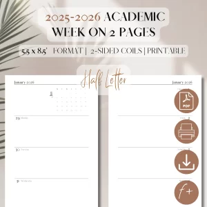 2025 - 2026 Week On 2 Pages Academic Diary | PDF Printable Inserts | Academic & Lessons Planner | Weekly Organiser | TUL, ARC, Levenger Circa, iPad Compatible Refills | Half-Letter format, 5.5 x 8.5 inches_1