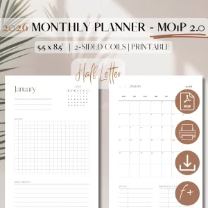 2026 Monthly Planner Printable DATED | Month On 1 Page 2.0 | Monthly Calendar | PDF Printable Planner Insert | Month at a glance | Minimalist Planner | Half-Letter, 5.5 x 8.5 inches (13.97 x 21.59 cm)_1