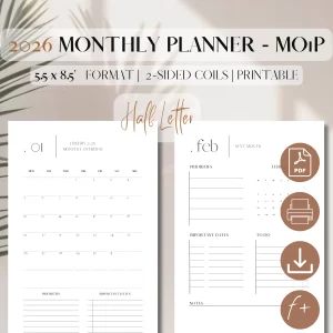 2026 Monthly Planner Printable DATED | Month On 1 Page | PDF Printable Planner Insert | Month at a glance | TUL, ARC, Levenger Circa, iPad | Half-Letter, 5.5 x 8.5 inches (13.97 x 21.59 cm)_1