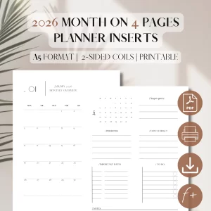 2026 Monthly Planner Printable | Month On 4 Pages | PDF Printable Planner Insert | Monthly agenda | Month at a glance | Filofax A5, Kikki.K Medium, Gillio, Van der Spek, Day-Timer A5, FranklinCovey A5, Midori A5, Moterm A5 | A5, 5.8 × 8.3”_1