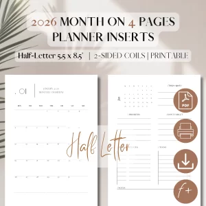 2026 Monthly Planner Printable DATED | Month On 4 Pages | PDF Printable Planner Insert | Monthly agenda | Month at a glance | TUL, ARC, Levenger Circa, 3-ring | Half-Letter, 5.5 x 8.5”_1